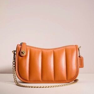 Coach Swinger Quilted Shoulder Bag Neutral Gold Chain Mini Purse Zip Hangtag